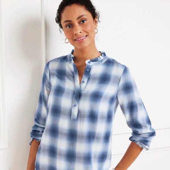 New Talbots Ruffle Trim Plaid Shirt - Picture 1 of 7